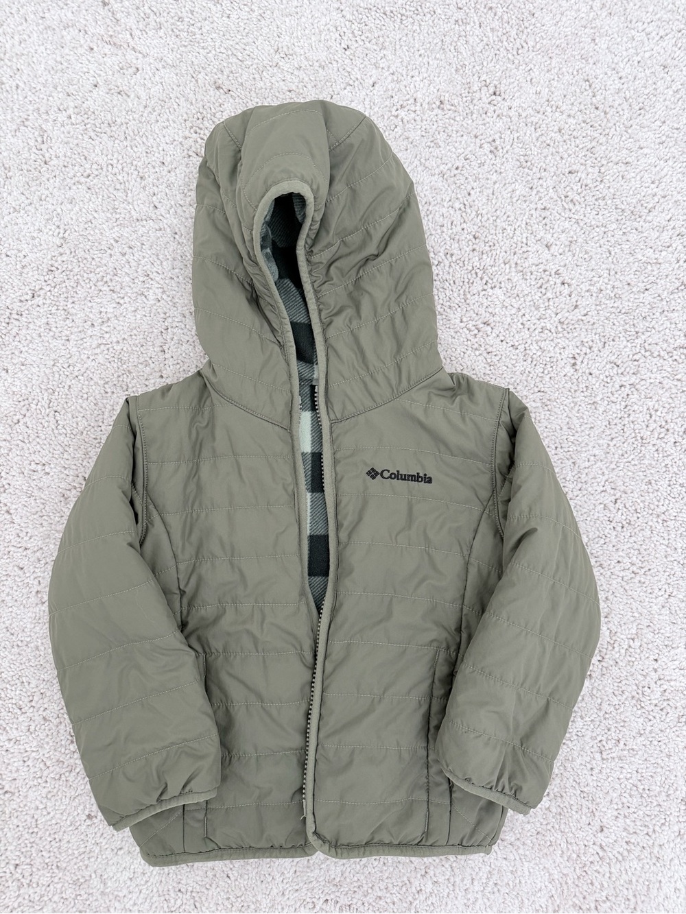 Columbia Kids Olive Green Reversible Hooded Puffer Jacket Size 4T